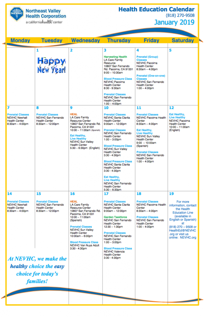 Health Education Calendar NEVHC
